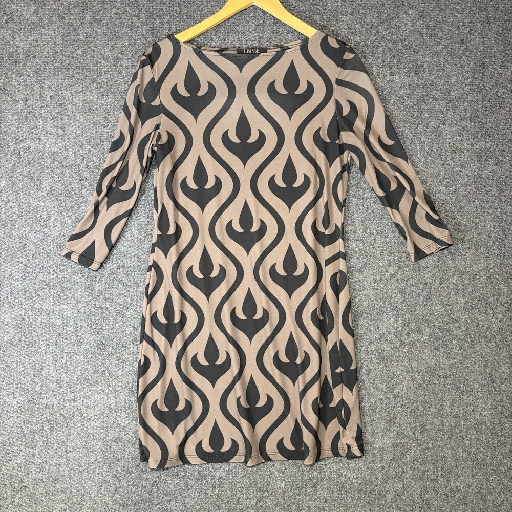 LBISSE Shift Dress Womens Large Grayish Taupe Black Abstract Print Knee Length